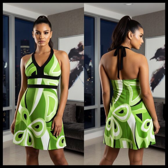 Green Black Multi Color Swirl Paisely Halter Dress - Picture 1 of 4